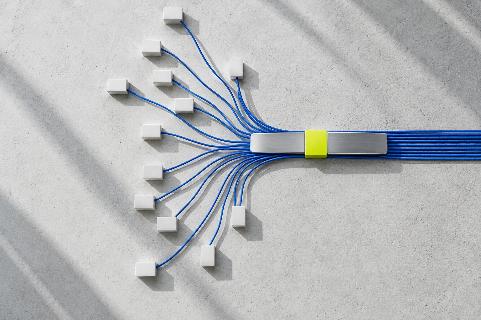 Separate blue lines coordinated through a shared central rail